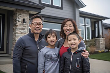 smiling proudly family in front of newly purchased home, ownership, real estate accomplishment. generative AI