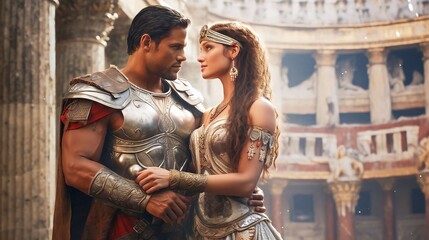 a gladiator in armored Roman gladiator with a very beautiful queen using white less dress Tempt in Ancient Rome palace