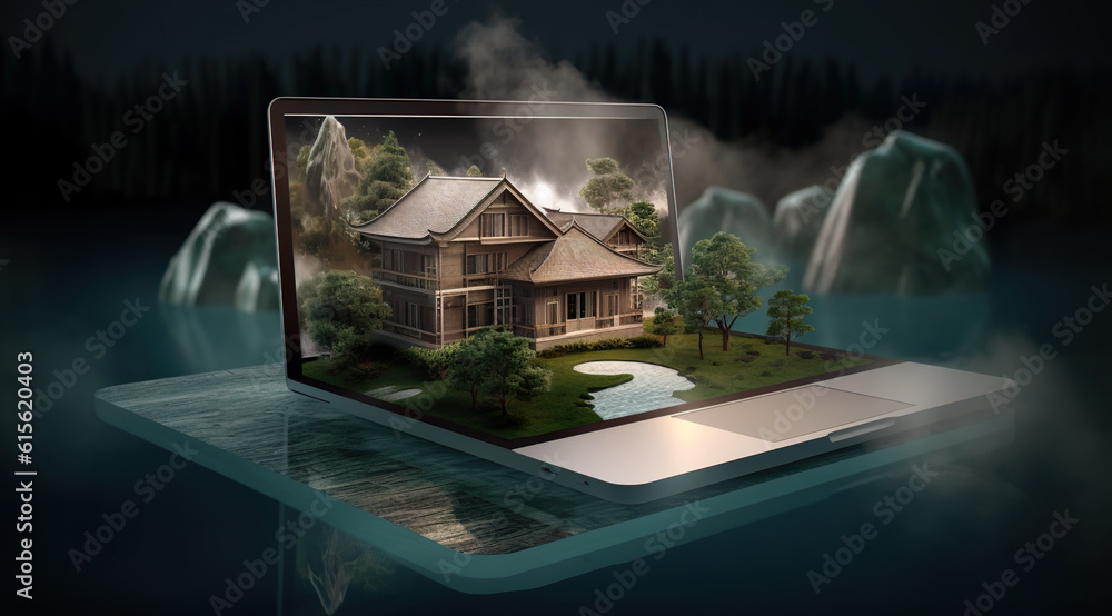 Poster a tablet computer with a small house and forest on top of it. generative ai image.