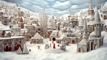 A paper cut of a cardboard village with a lot of snow. Generative AI Christmas card.