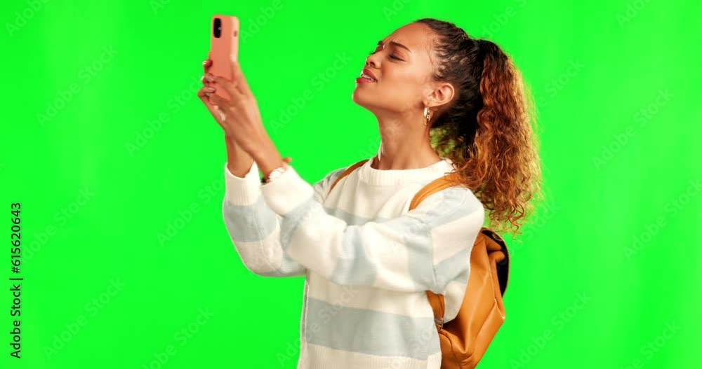 Poster poor, connection and woman with phone in green screen studio and internet, delay or issue. bad, sign