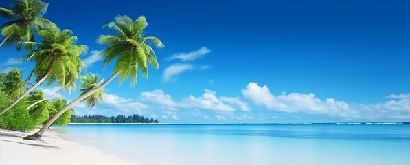 Illustration of a Beautiful tropical island with palm trees and a beach. Created with Generative AI technology