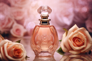 Obraz na płótnie Canvas bottle of perfume on a background of pink roses. AI generated