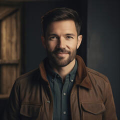 Obraz premium A man with a beard and a leather jacket smiling Generative Ai
