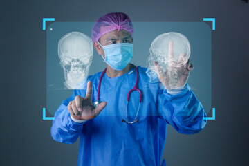 A Doctor, healthcare or futuristic skull scan in brain cancer, injury or fracture analytics in...