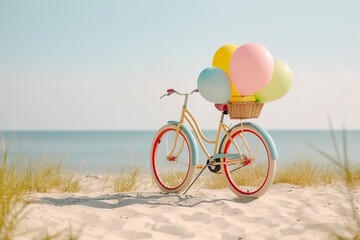 A retro bicycle on the beach with balloons in fun colors.