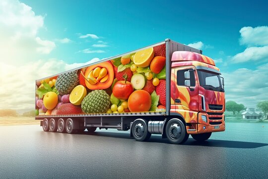 A refrigerated truck decorated with photos of fruits and vegetables transports food.