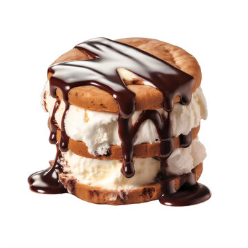 An ice cream sandwich with chocolate sauce drizzled on top on a transparent background png isolated Generative Ai