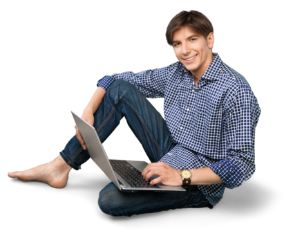 Portrait of young man using laptop isolated on white background