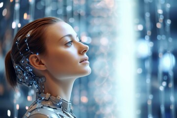 Fototapeta premium Futuristic woman in a technology factory.