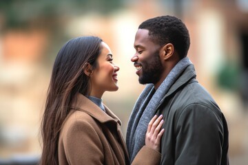 Interracial couple chat and smile facing each other on an autumn day in the street.Ai generated