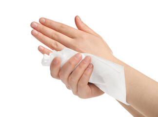 Woman wiping hands with paper towel on white background, closeup