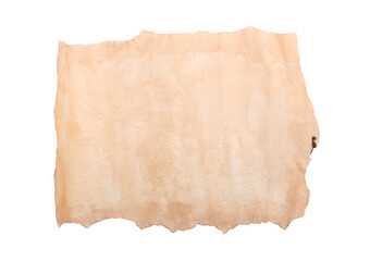 Blank sheet of old parchment paper on white background, top view
