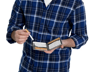 Man taking cigarette from case isolated on white, closeup