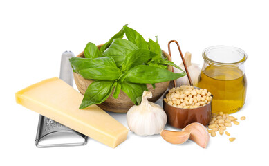 Different ingredients for cooking tasty pesto sauce isolated on white