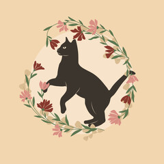 Dekoracyjna grafika z bawiącym się uroczym kotem. Kwiatowa ramka i czarny kot. Ilustracja wektorowa. - obrazy, fototapety, plakaty