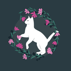 Dekoracyjna grafika z bawiącym się uroczym kotem. Kwiatowa ramka i biały kot. Ilustracja wektorowa.