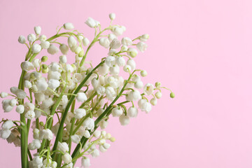 Beautiful lily of the valley flowers on pink background, closeup. Space for text