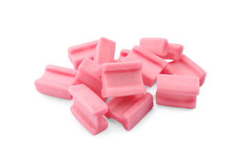 Pile of tasty pink chewing gums on white background