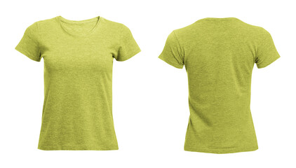 Front and back views of light yellow women's t-shirt on white background. Mockup for design