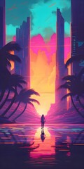 Beautiful 80s retrowave painting poster. Synthwave background. Printable wallpaper