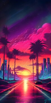 Beautiful 80s retrowave painting poster. Synthwave background. Printable wallpaper