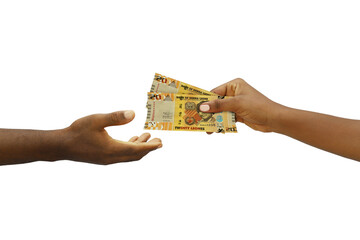 Hand giving 3D rendered Sierra Leonean Leone notes to another hand. Hand receiving money