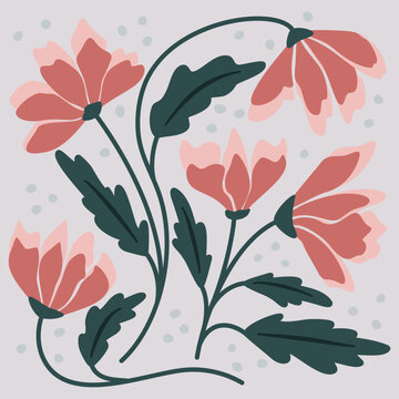 Fototapeta Botaniczna boho kompozycja z czerwonymi kwiatami i zielonymi listkami. Minimalistyczny styl. Ilustracja wektorowa.