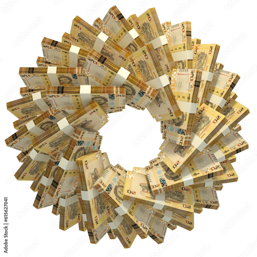 Poster 3d rendering of stacks of sierra leonean leone arranged in a circular pattern.