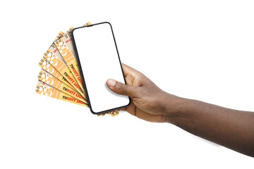 Black hand holding mobile phone with blank screen and Sierra Leonean Leone notes