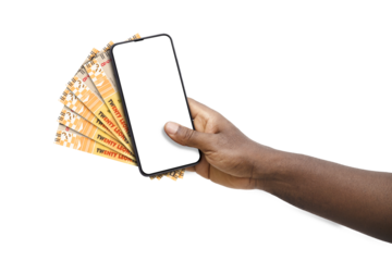 Black hand holding mobile phone with blank screen and Sierra Leonean Leone notes