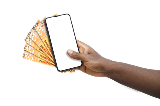 Black hand holding mobile phone with blank screen and Sierra Leonean Leone notes
