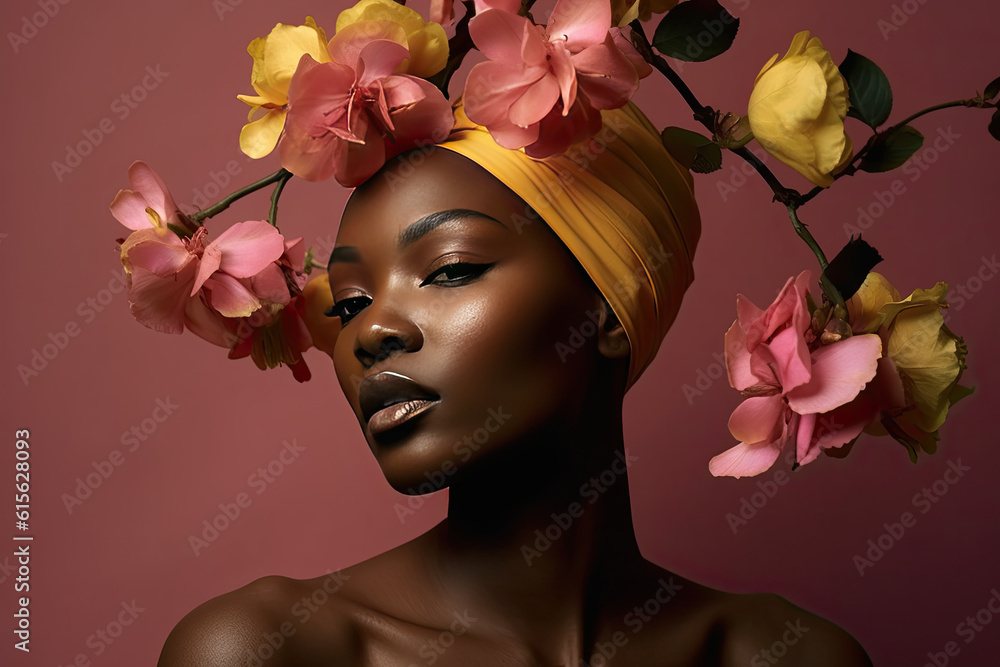 Wall mural a black woman with flowers in her hair, wearing a yellow turbal headband and looking at the camera