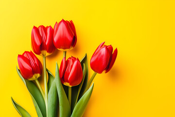 Orange tulips over yellow surface, easter. birthday, mother day greeting card concept with copy space. top view, flat lay. for banner