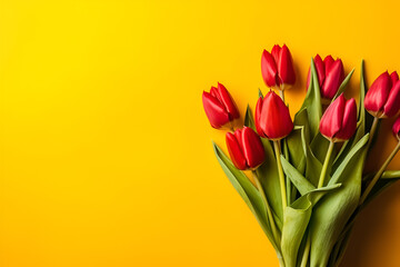 Orange tulips over yellow surface, easter. birthday, mother day greeting card concept with copy space. top view, flat lay. for banner
