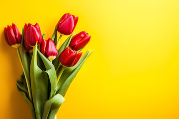 Orange tulips over yellow surface, easter. birthday, mother day greeting card concept with copy space. top view, flat lay. for banner