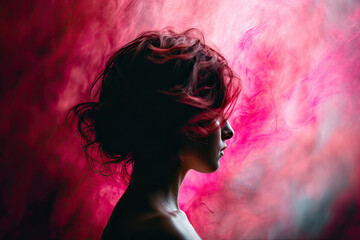 a woman's head with red hair blowing in the wind, against a bright pink and blue sky background
