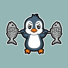 artwork illustrator and T shirt design cute character penguin barbell  