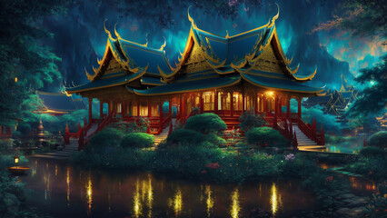Fototapeta premium Beautiful temple among the mountains in night atmosphere.