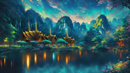 Fototapeta na wymiar Temple in the heart of a natural basin with mountains standing as guardians in the background, creating a breathtaking scene accentuated by the enchanting hues of the evening sky.