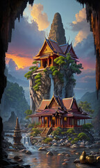 The illustration masterfully captures the harmonious integration of architecture and nature with the temple majestically positioned on the rock mound.