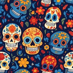 A seamless pattern with sugar skulls. Generative AI. 