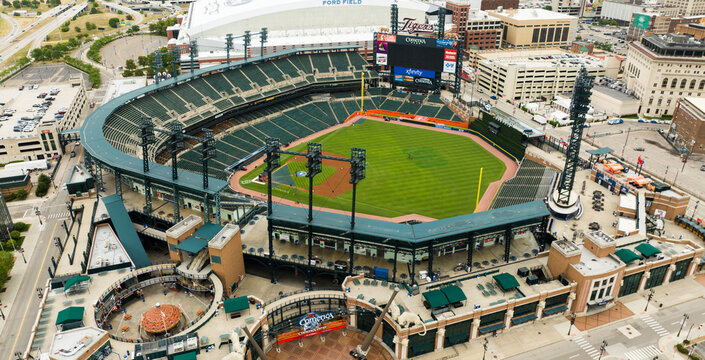 Comerica Baseball Stadium in Detroit aerial view - home of the Detroit Tigers - DETROIT, UNITED STATES - JUNE 13, 2023