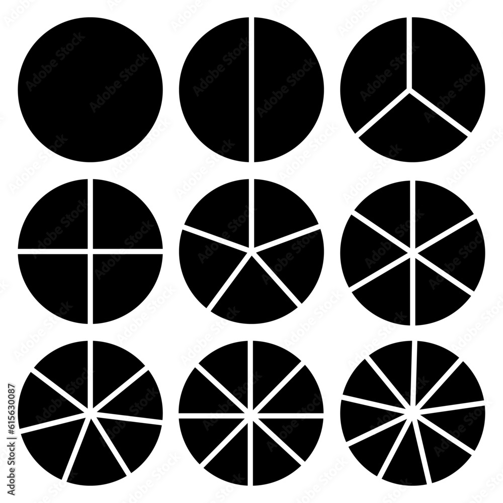 Poster circle segments set. various number of sectors divide the circle on equal parts. vector illustration