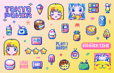 Summer Pixel Sticker Set. Y2K 8 Bit Pixel Art Set Featuring Cute Kawaii Elements - Anime Girl, Ice Cream, Cake, Cookie, Frog, Pineapple, Street Food, Syrup Ice, Digital Watch, and Portable Console