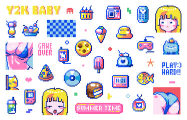 Summer Pixel Art set. Y2K 8 Bit Kawaii Elements - Anime Girl, Cherry, Camera, Phone, Swimsuit, Bikini, Panties, Kitty, Cake, Pizza, Disc, Japanese Food and Sweets. Retro Video Game Decorations.