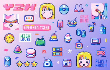 Pixel Art Y2k Geek Sticker Set. 8bit Retro Game Elements Like Vintage Consoles, Sweets, Animals, Anime girls, Cute Summer Objects. Vector summer graphic for game, decoration, stickers, games. © Takoyaki Shop