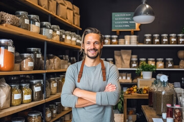 Portrait of young man owner over interior of Zero Waste Shop in Grocery Store. No plastic Conscious Minimalism. Generative ai