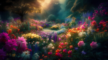 Obraz na płótnie Canvas AI Generated photos of magic flowers in wonderland