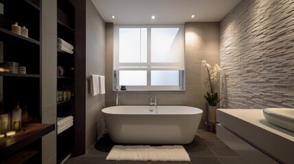 Interior design of Bathroom in Minimalist style with Freestanding Bathtub decorated with Natural Stone, Textured Towels material. Modern architecture. Generative AI AIG24. - obrazy, fototapety, plakaty